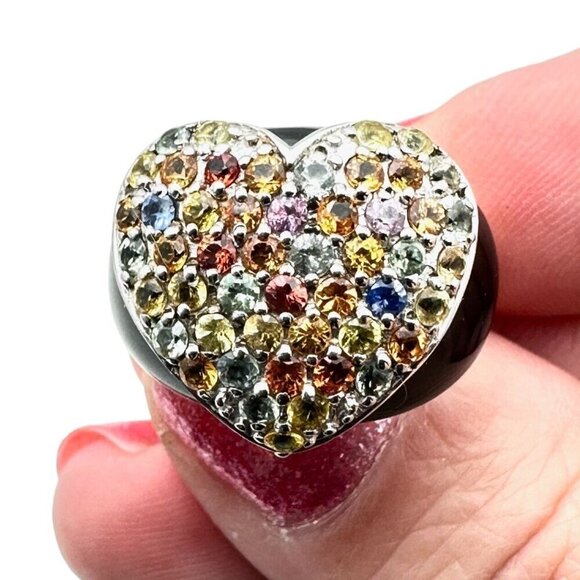 Sterling Silver Womens Ring Multicolor Tourmaline Heart Black Enamel Size 6 - Picture 1 of 8